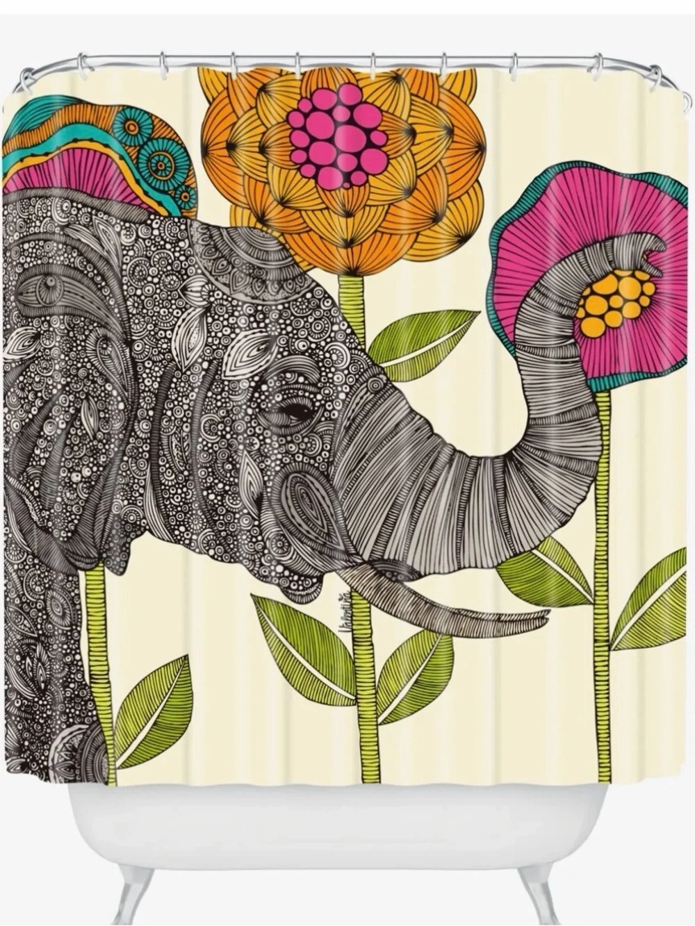 Boho Elephant Floral Shower Curtain - Cream with Pink, Orange & Green DENY